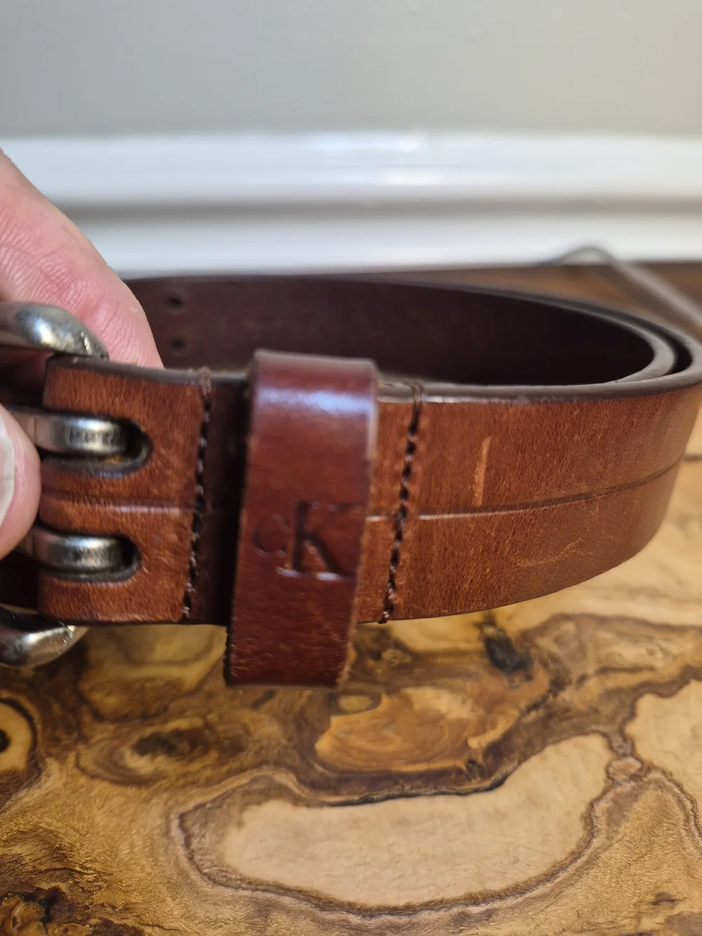 Calvin Klein Chestnut Brown Triple-Prong‎ Leather Belt Italian Saddle Leather
